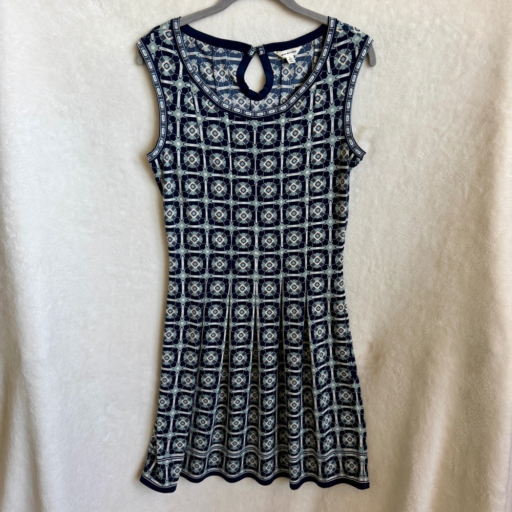 Max Studio Womens Navy Blue Geometric Medallion Print Keyhole Dress Size Small